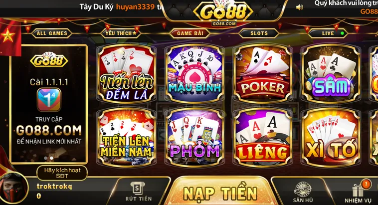 Sảnh game bài đa dạng thể loại hình thức tại go88.