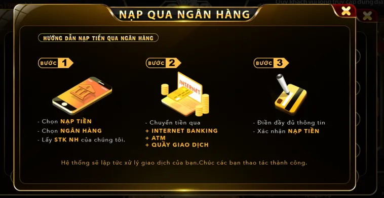 Chuyển khoản ngân hàng: Kết nối siêu tốc với tất cả ngân hàng lớn nhất Việt Nam hiện nay với độ bảo mật cao.